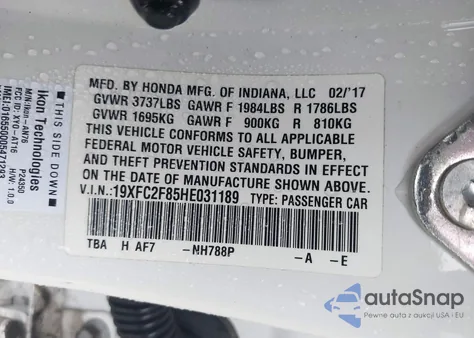 2017 Honda Civic Ex from USA, damaged, VIN 19XFC2F85HE031189